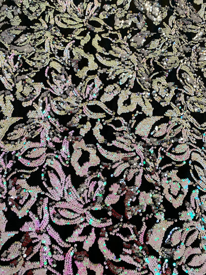 New Iridescent flashback flower design reversible sequins 2-tone on stretch velvet 4way 57/58" Sold by the YD. Ships worldwide from L.A CA.