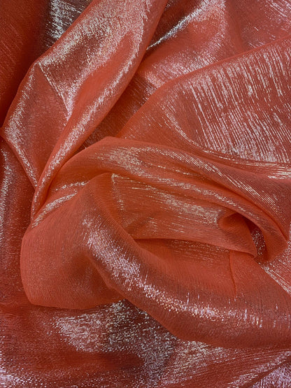 Silk metallic chiffon coral/silver 2way Stretch 44/45" Sold by the YD. Ships worldwide from Los Ángeles California USA.