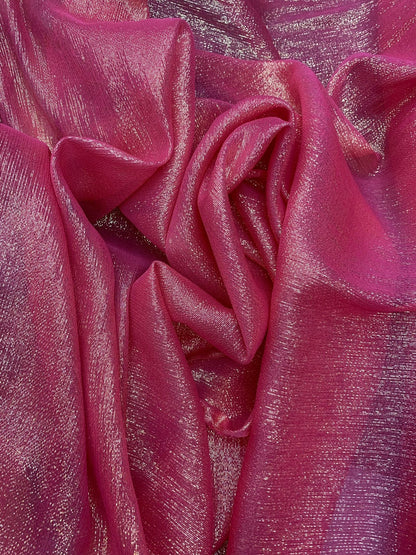 Silk metallic chiffon hot pink/silver gold  2way Stretch 44/45" Sold by the YD. Ships worldwide from Los Ángeles California USA.