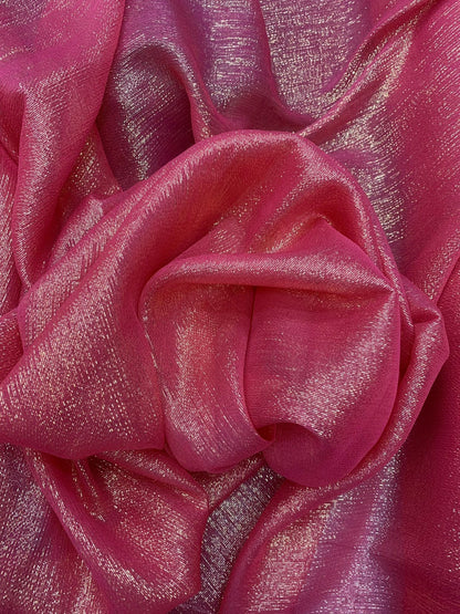 Silk metallic chiffon hot pink/silver gold  2way Stretch 44/45" Sold by the YD. Ships worldwide from Los Ángeles California USA.