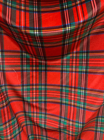 New Christmas Red Plaid Design Print On Heavy Stretch Velvet 4-Way 58/60" Sold By The YD. Ships Worldwide From Los Angeles California USA.