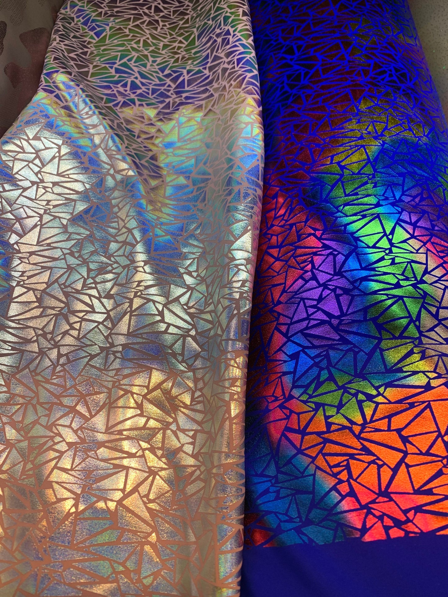 New Metallic Hologram Nylon Spandex Jumbo Shatter Glass With Iridescent Foil 4-Way Stretch 58/60" Sold By The YD. Ships Worldwide From LA CA