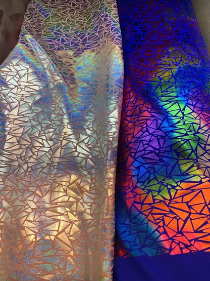 New Metallic Hologram Nylon Spandex Jumbo Shatter Glass With Iridescent Foil 4-Way Stretch 58/60" Sold By The YD. Ships Worldwide From LA CA