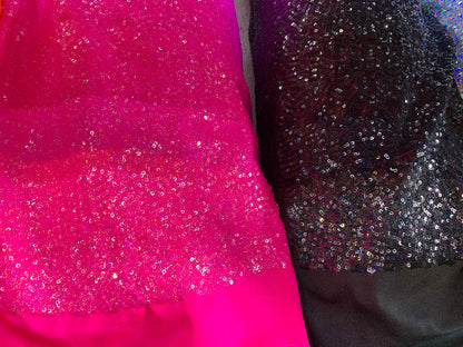 New shining glitz sequins Cosmic glow design sewn onto solid spandex 4way stretch 58/60" Sold by the YD. Ships worldwide from Los Angeles CA