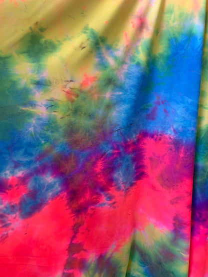 New Tie Dye Multicolor Print On Heavy Nylon Spandex 4-Way Stretch 58/60" Sold By The YD. Ships Worldwide From Los Angeles California USA.