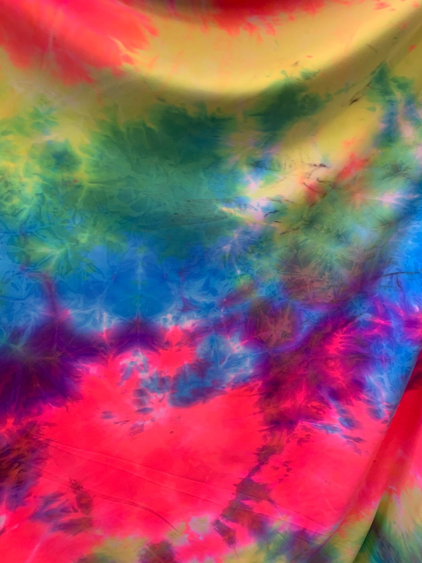 New Tie Dye Multicolor Print On Heavy Nylon Spandex 4-Way Stretch 58/60" Sold By The YD. Ships Worldwide From Los Angeles California USA.