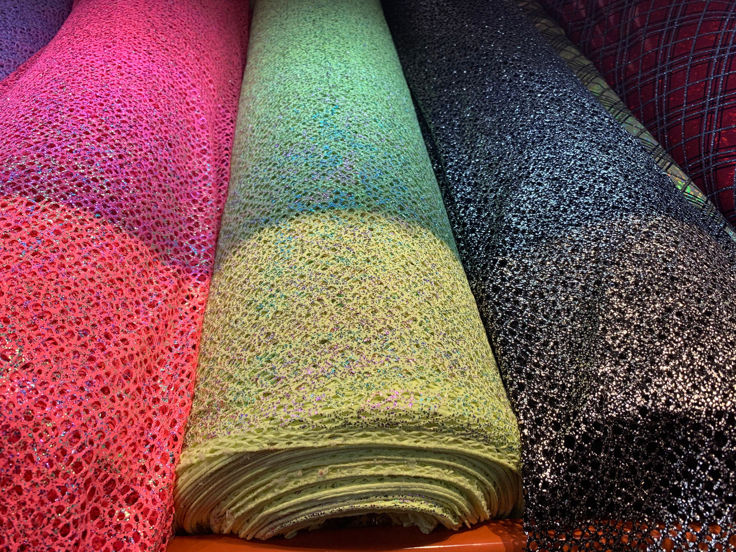 New fishnet with metallic glitter all over 4-way Stretch 58/60” Sold by the YD. Ships worldwide from Los Angeles California USA.