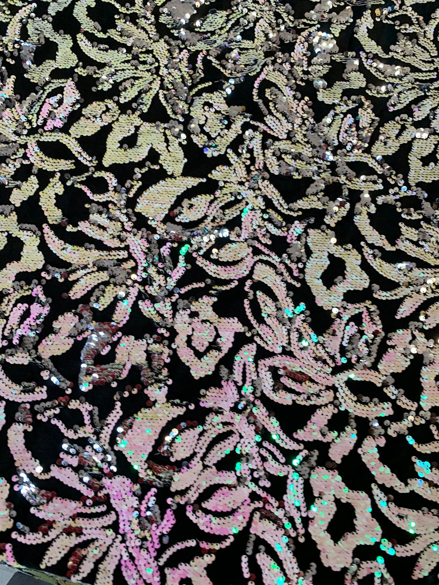 New Iridescent flashback flower design reversible sequins 2-tone on stretch velvet 4way 57/58" Sold by the YD. Ships worldwide from L.A CA.