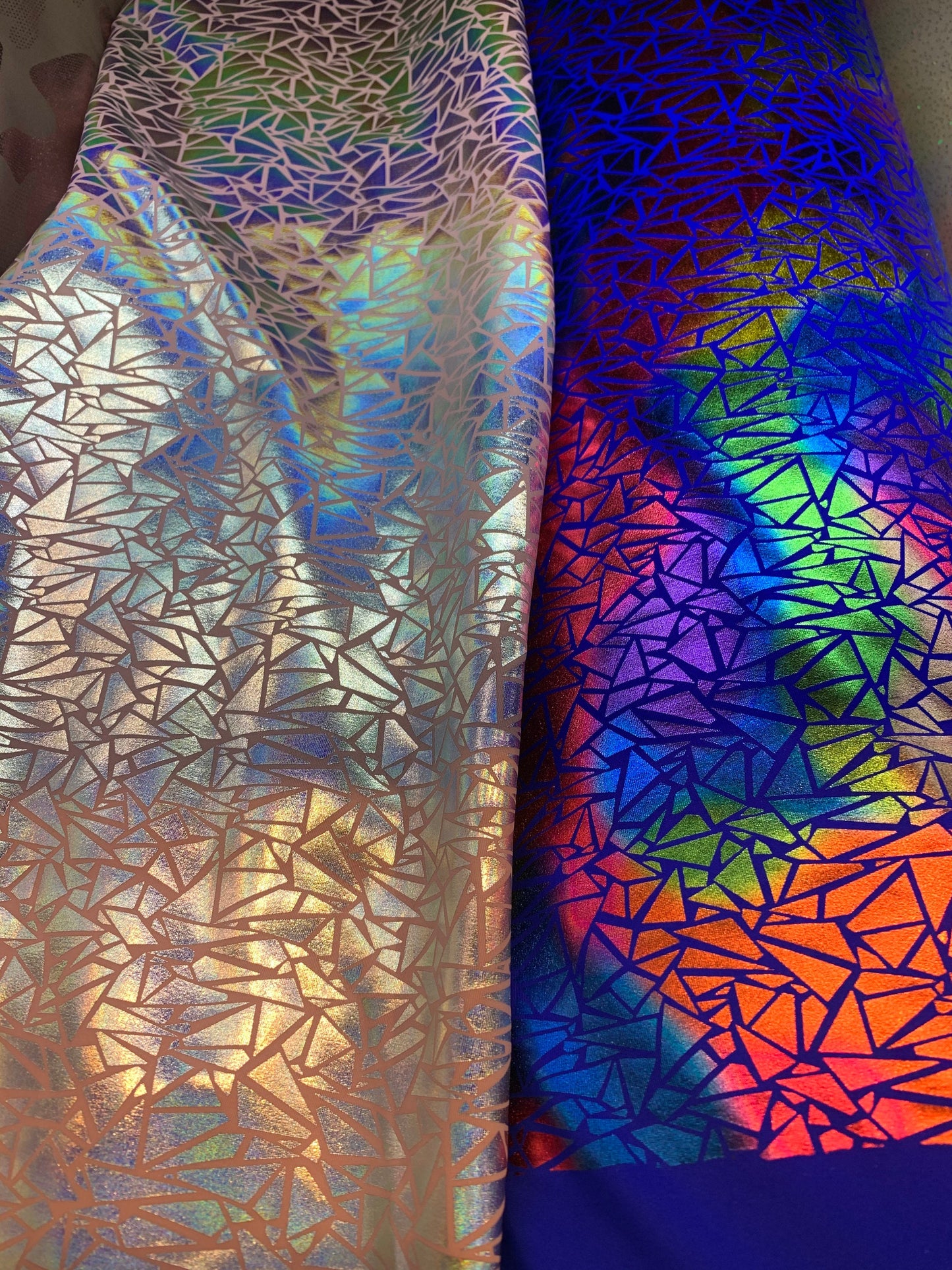 New Metallic Hologram Nylon Spandex Jumbo Shatter Glass With Iridescent Foil 4-Way Stretch 58/60" Sold By The YD. Ships Worldwide From LA CA