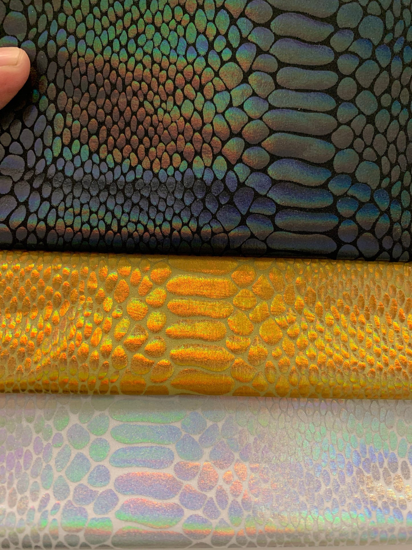 New Iridescent Serpent Design Hologram Metallic Nylon Spandex 4-Way Stretch 58/60" Sold By The YD. Ships Worldwide From Los Angeles C.A USA.