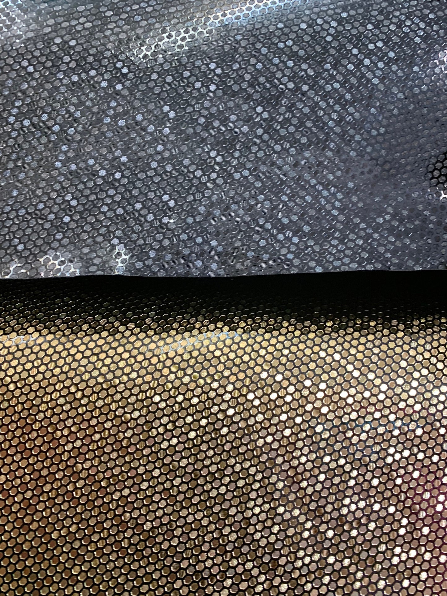 New honeycomb design shining metallic non stretch vinyl 58/60” Sold by the YD. Ships worldwide from Los Angeles California USA.