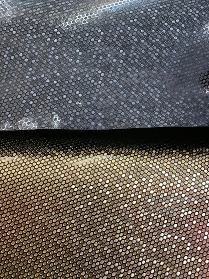 New honeycomb design shining metallic non stretch vinyl 58/60” Sold by the YD. Ships worldwide from Los Angeles California USA.