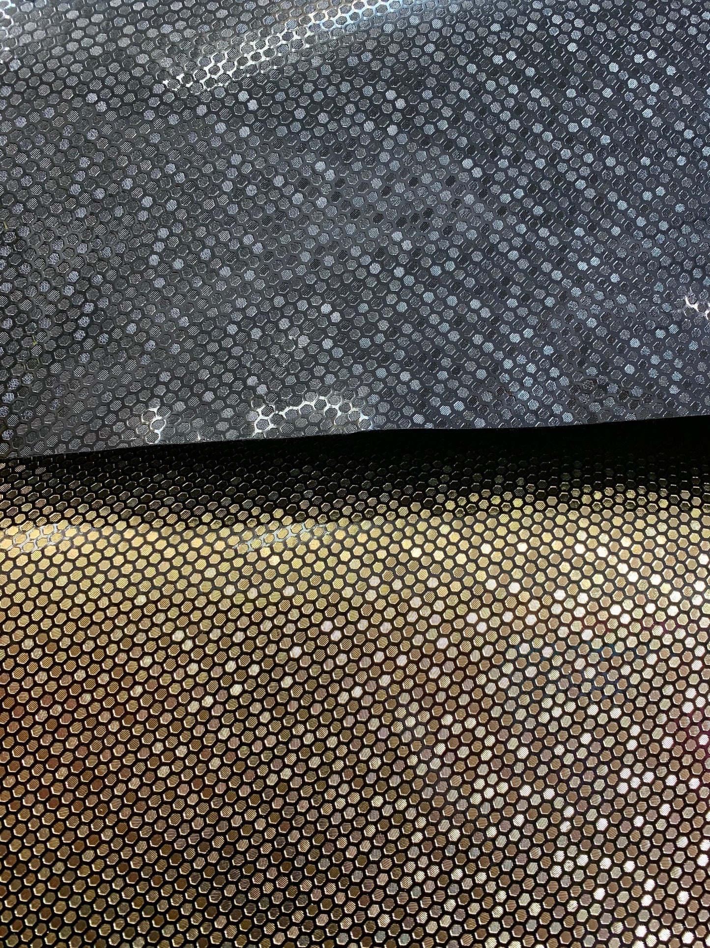 New honeycomb design shining metallic non stretch vinyl 58/60” Sold by the YD. Ships worldwide from Los Angeles California USA.