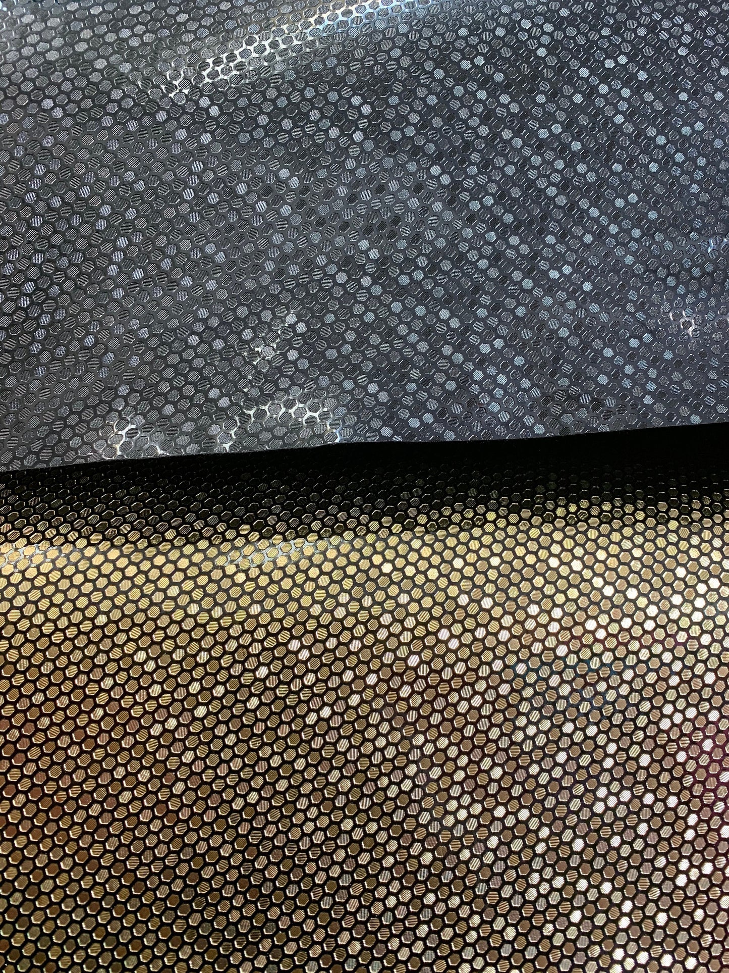 New honeycomb design shining metallic non stretch vinyl 58/60” Sold by the YD. Ships worldwide from Los Angeles California USA.