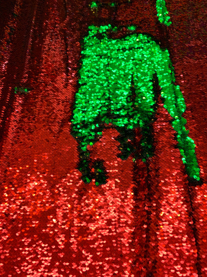 Mermaid sequins red/green reversible shining sequins 5mm on spandex base 2-way Stretch 58/60” Sold by the YD. Ships worldwide from L.A CA.