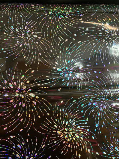 New spandex shining vinyl fireworks design 2-way Stretch 58/60” Sold by the YD. Ships worldwide from Los Angeles California USA.