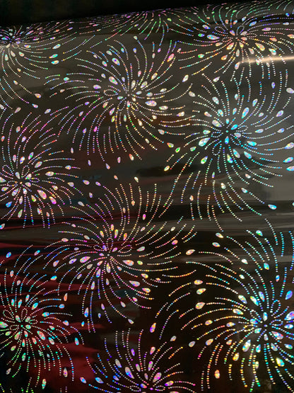 New spandex shining vinyl fireworks design 2-way Stretch 58/60” Sold by the YD. Ships worldwide from Los Angeles California USA.