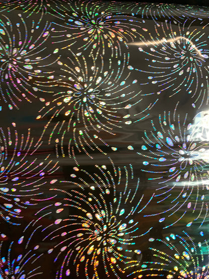 New spandex shining vinyl fireworks design 2-way Stretch 58/60” Sold by the YD. Ships worldwide from Los Angeles California USA.