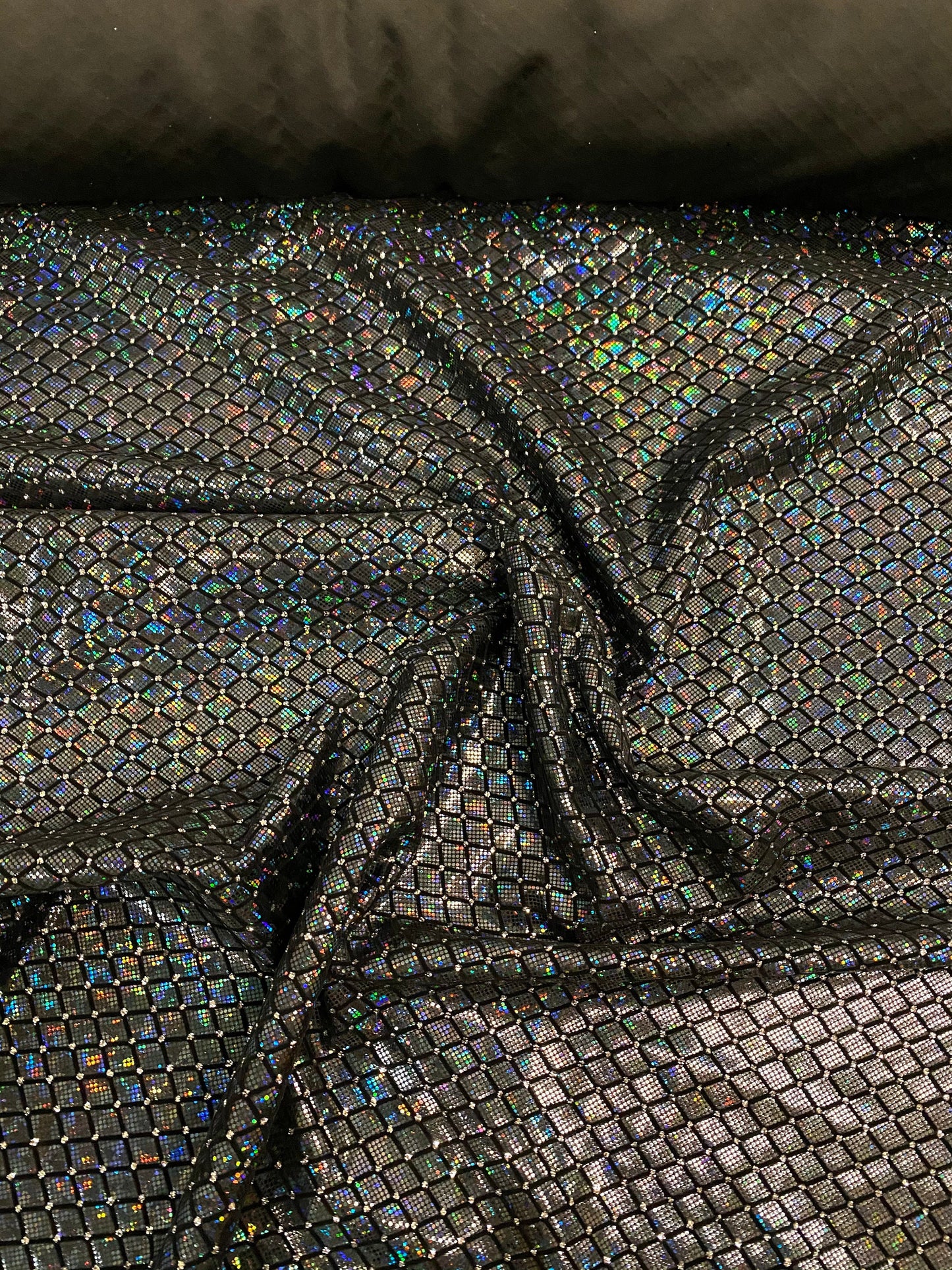 New Diamond design metallic nylon spandex shatter glass with flocking and glitter 4-way stretch 58/60” Sold by the YD. Ships from L.A CA.