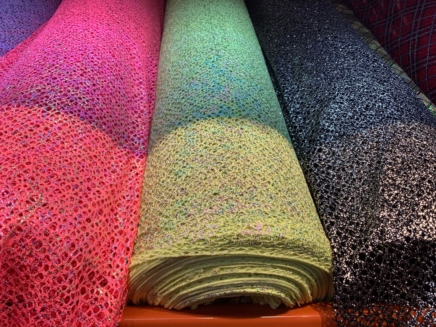 New fishnet with metallic glitter all over 4-way Stretch 58/60” Sold by the YD. Ships worldwide from Los Angeles California USA.