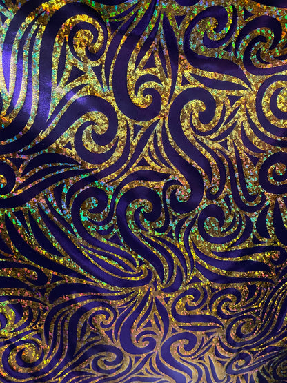 Spartan design metallic nylon spandex doble foil hologram Eggplant/gold 4-way stretch 58/60” Sold by the YD. Ships worldwide from L.A CA.