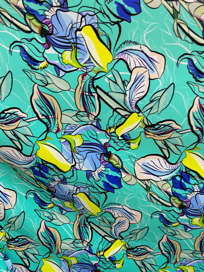 New leaves design print nylon spandex 4-way Tiffany multicolor 58/60” Sold by the YD. Ships worldwide from Los Angeles California USA.