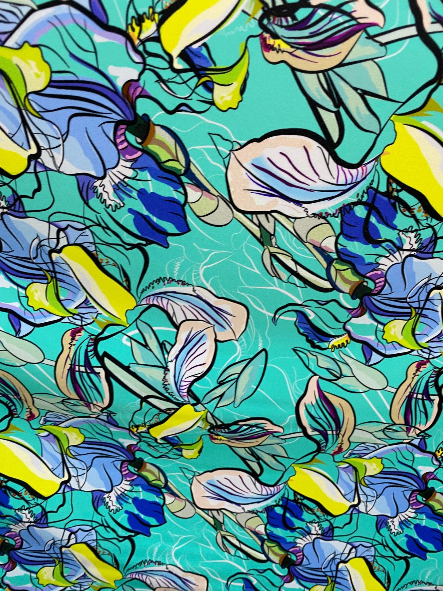 New leaves design print nylon spandex 4-way Tiffany multicolor 58/60” Sold by the YD. Ships worldwide from Los Angeles California USA.