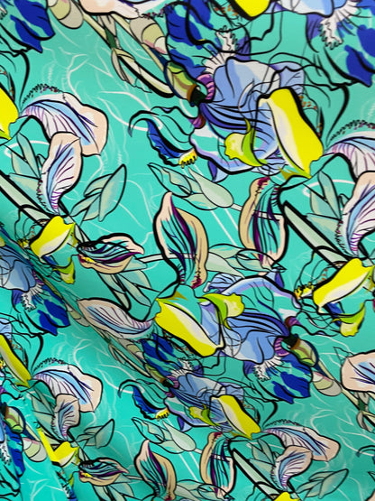 New leaves design print nylon spandex 4-way Tiffany multicolor 58/60” Sold by the YD. Ships worldwide from Los Angeles California USA.