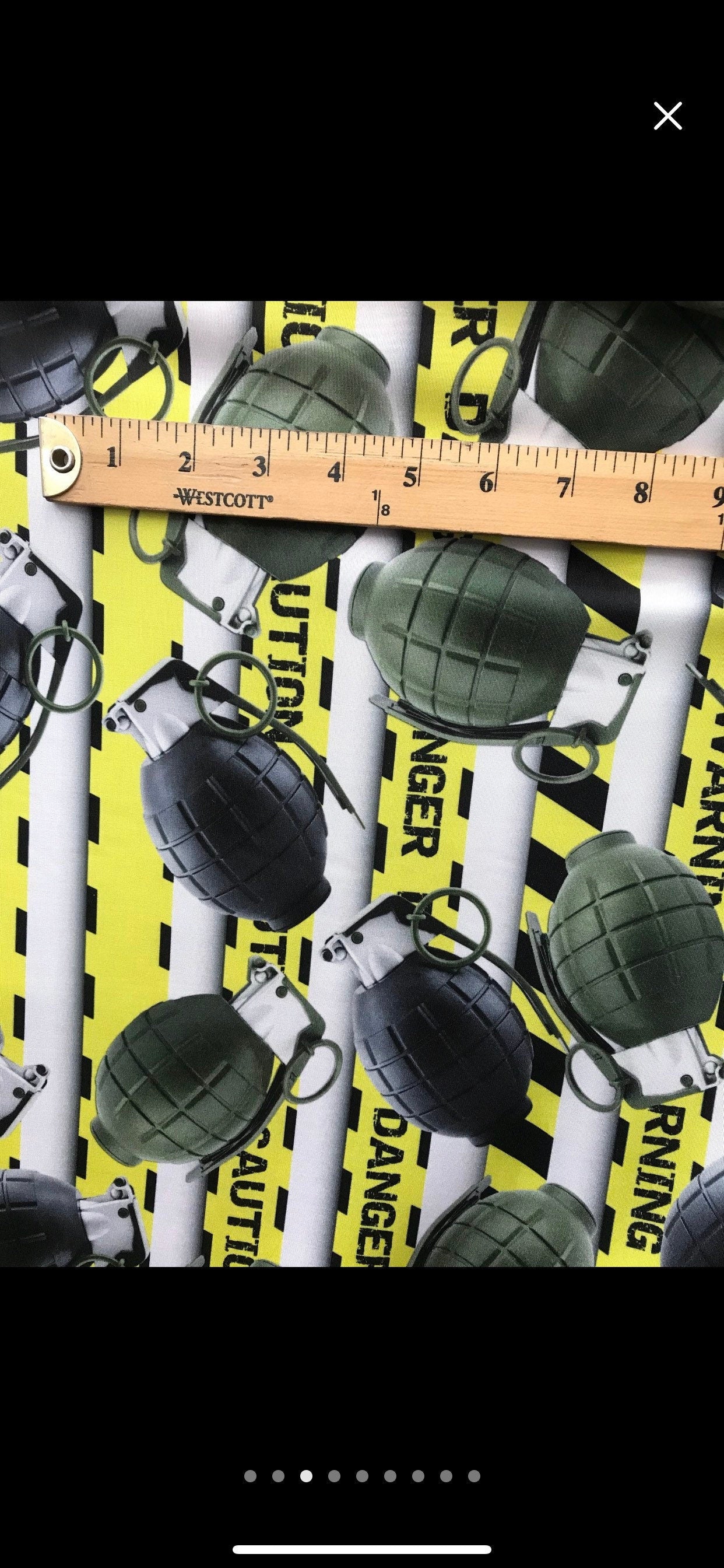 New Grenades caution danger print on nylon Spandex 4-way 58/60” Sold by the yard.  Print just as shown in the pictures. Ships worldwide