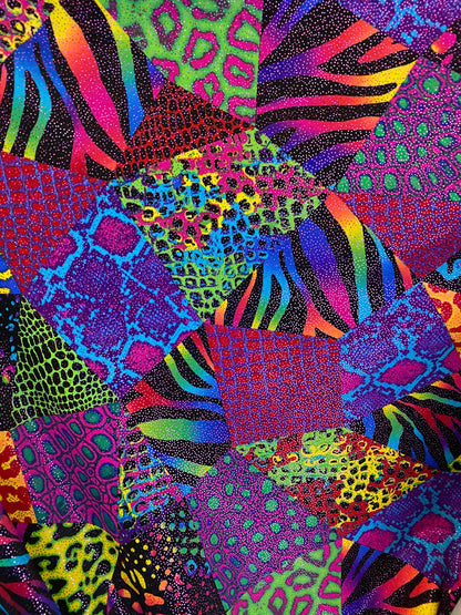 New multicolor Animal print safari design nylon spandex with metallic foil 4-way stretch 58/60” Sold by the YD. Ships worldwide from L.A CA.