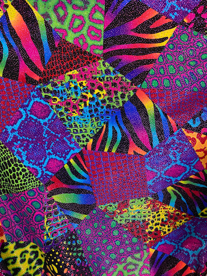 New multicolor Animal print safari design nylon spandex with metallic foil 4-way stretch 58/60” Sold by the YD. Ships worldwide from L.A CA.