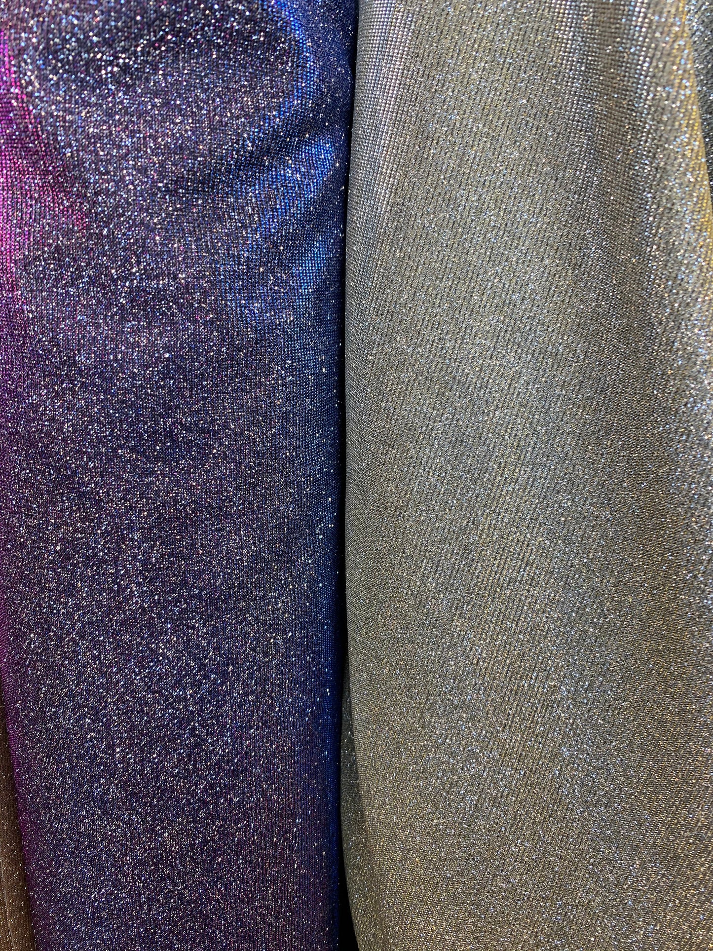 New lame metallic spandex with glitter 2-way stretch 58/60” Sold by the YD. Ships worldwide from Los Angeles California USA.