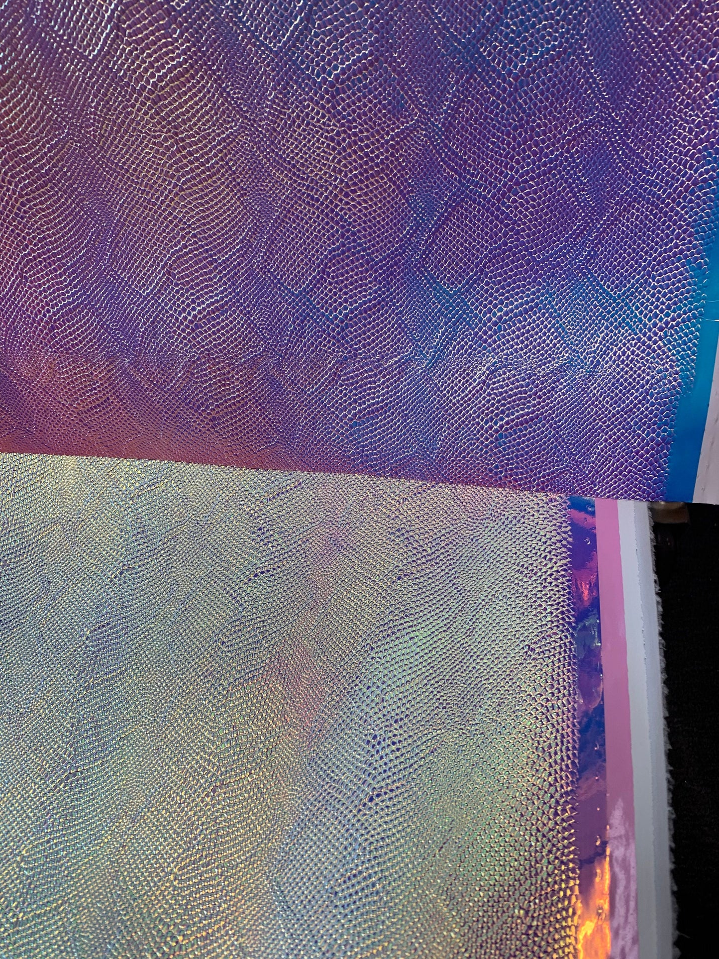 New snake design iridescent vinyl non stretch 58/60” Sold by the YD. Ships worldwide from Los Angeles California USA.