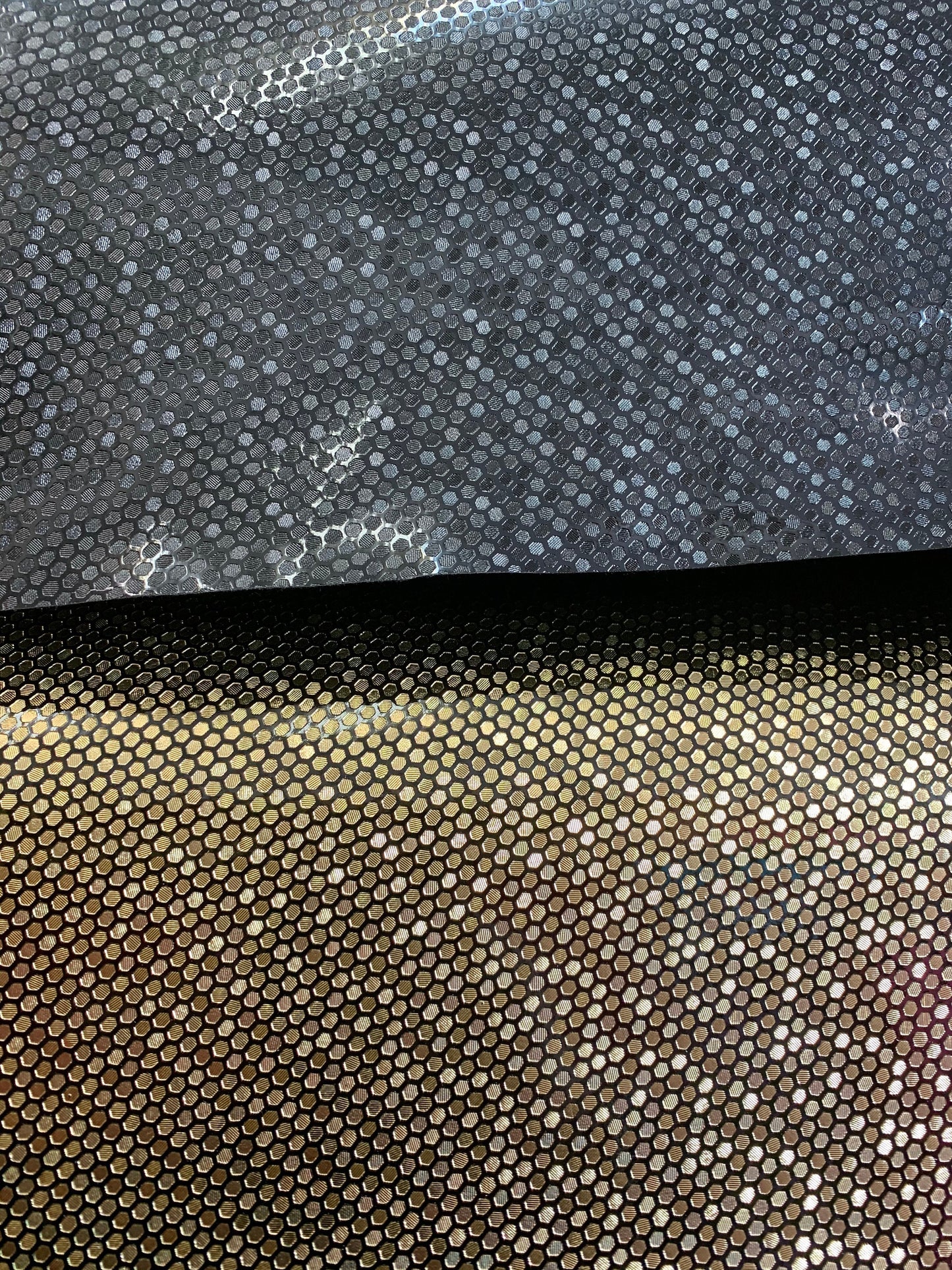 New honeycomb design shining metallic non stretch vinyl 58/60” Sold by the YD. Ships worldwide from Los Angeles California USA.