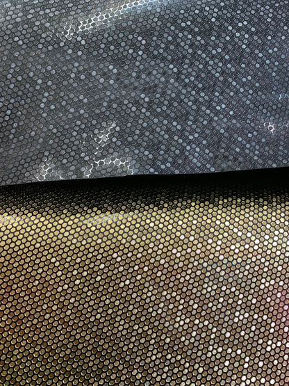 New honeycomb design shining metallic non stretch vinyl 58/60” Sold by the YD. Ships worldwide from Los Angeles California USA.