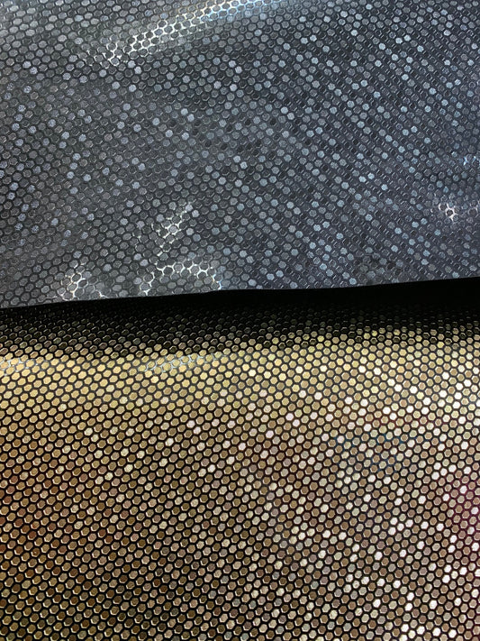 New honeycomb design shining metallic non stretch vinyl 58/60” Sold by the YD. Ships worldwide from Los Angeles California USA.