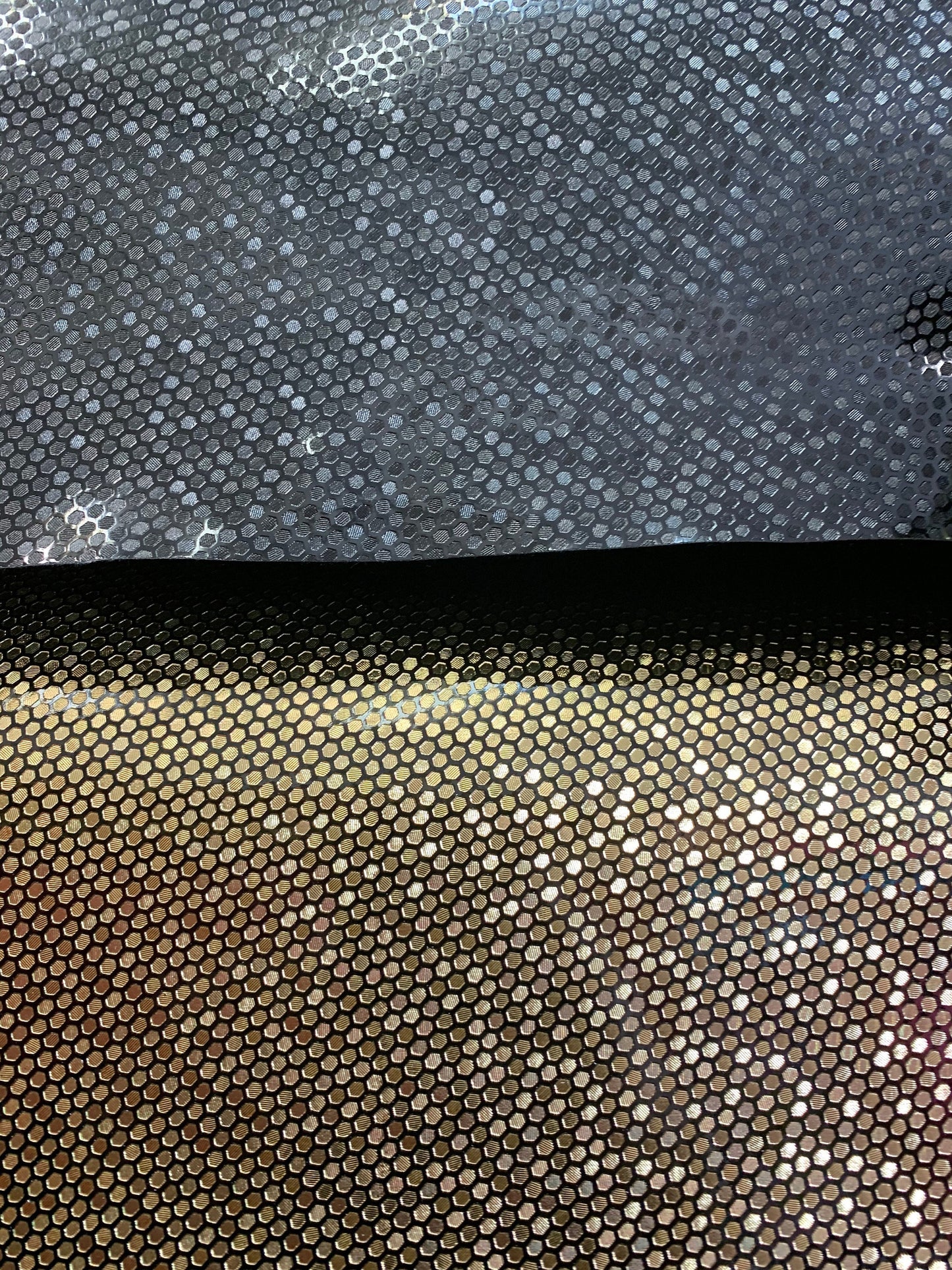 New honeycomb design shining metallic non stretch vinyl 58/60” Sold by the YD. Ships worldwide from Los Angeles California USA.