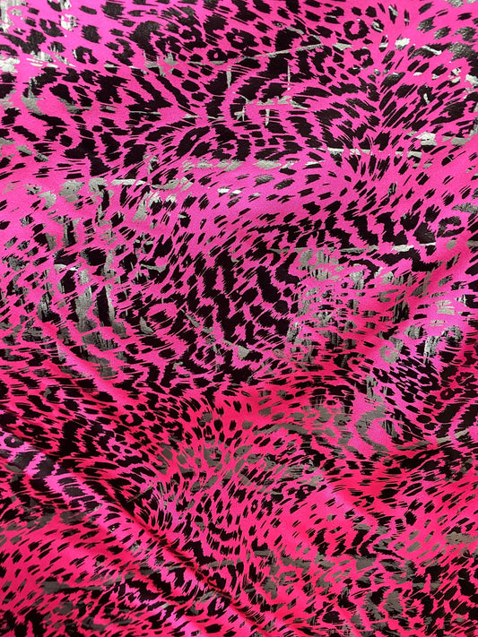 New Exotic animal print metallic nylon spandex pink/black 4-way stretch 58/60” Sold by the YD. Ships worldwide from Los Angeles California.