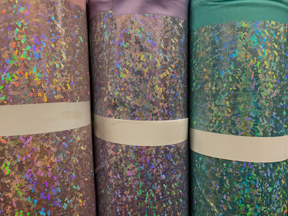 New shattered glass hologram metallic nylon Spandex 4-way Stretch 58/60” Sold by the YD. Ships worldwide from Los Angeles California USA.