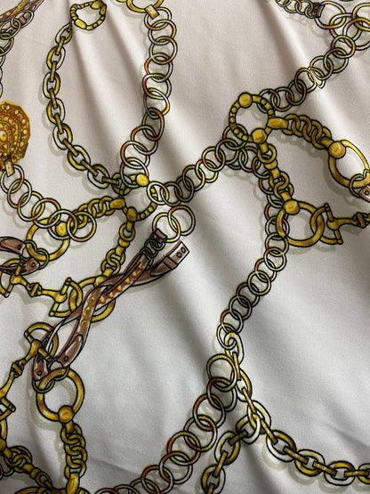 New modern chain design poly spandex 4-way stretch medium weight 58/60” Sold by the YD. Ships worldwide from Los Angeles California USA.