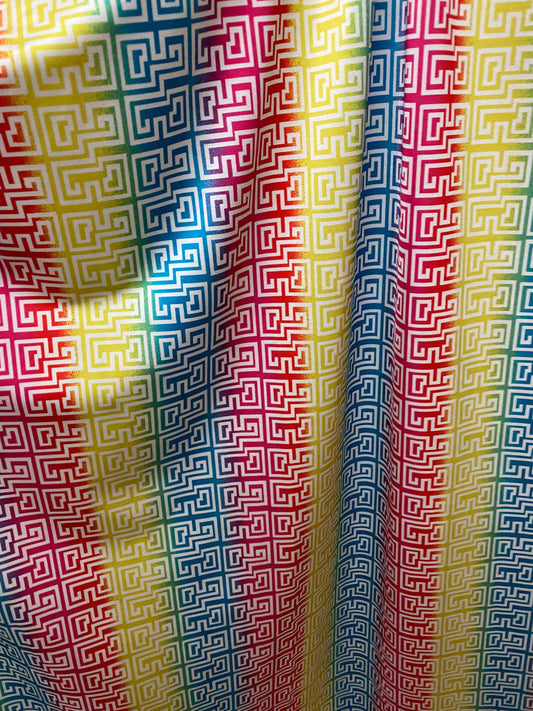 New Geometric rainbow design print on nylon spandex 4-way stretch 58/60” Sold by the YD. Ships worldwide from Los Angeles California USA.