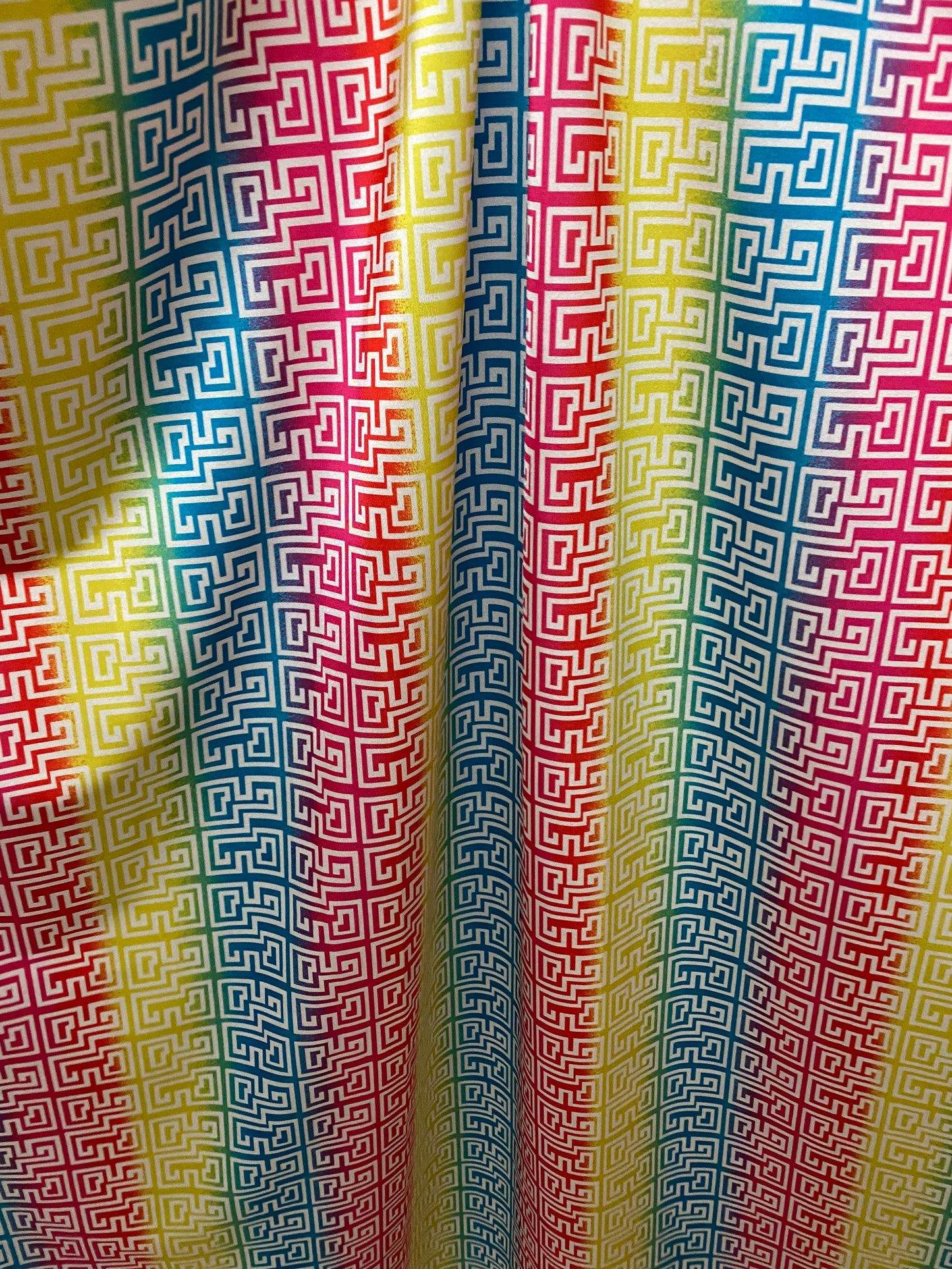 New Geometric rainbow design print on nylon spandex 4-way stretch 58/60” Sold by the YD. Ships worldwide from Los Angeles California USA.