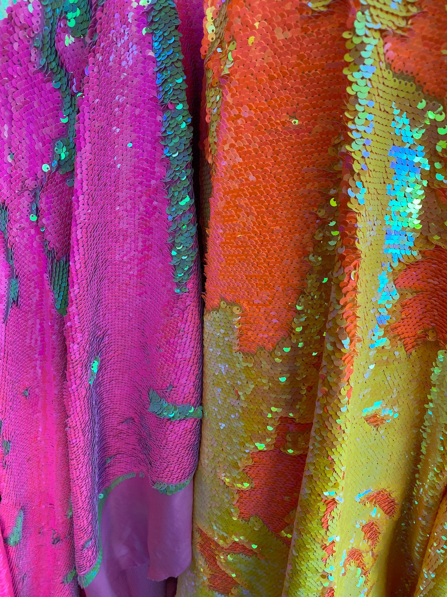 New mermaid sequins neon colors flip up reversible sequins on spandex 2-way stretch 58/60” Sold by the YD. Ships worldwide from Los Ángeles.