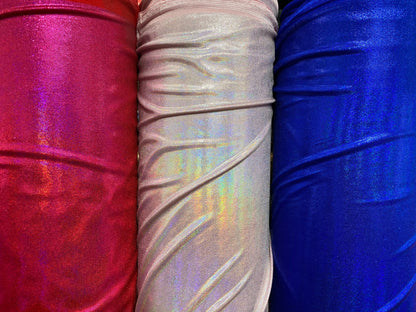 Iridescent foggy foil Hologram metallic nylon spandex 4-way stretch 58/60” Sold by the YD. Ships worldwide from Los Ángeles CA USA.