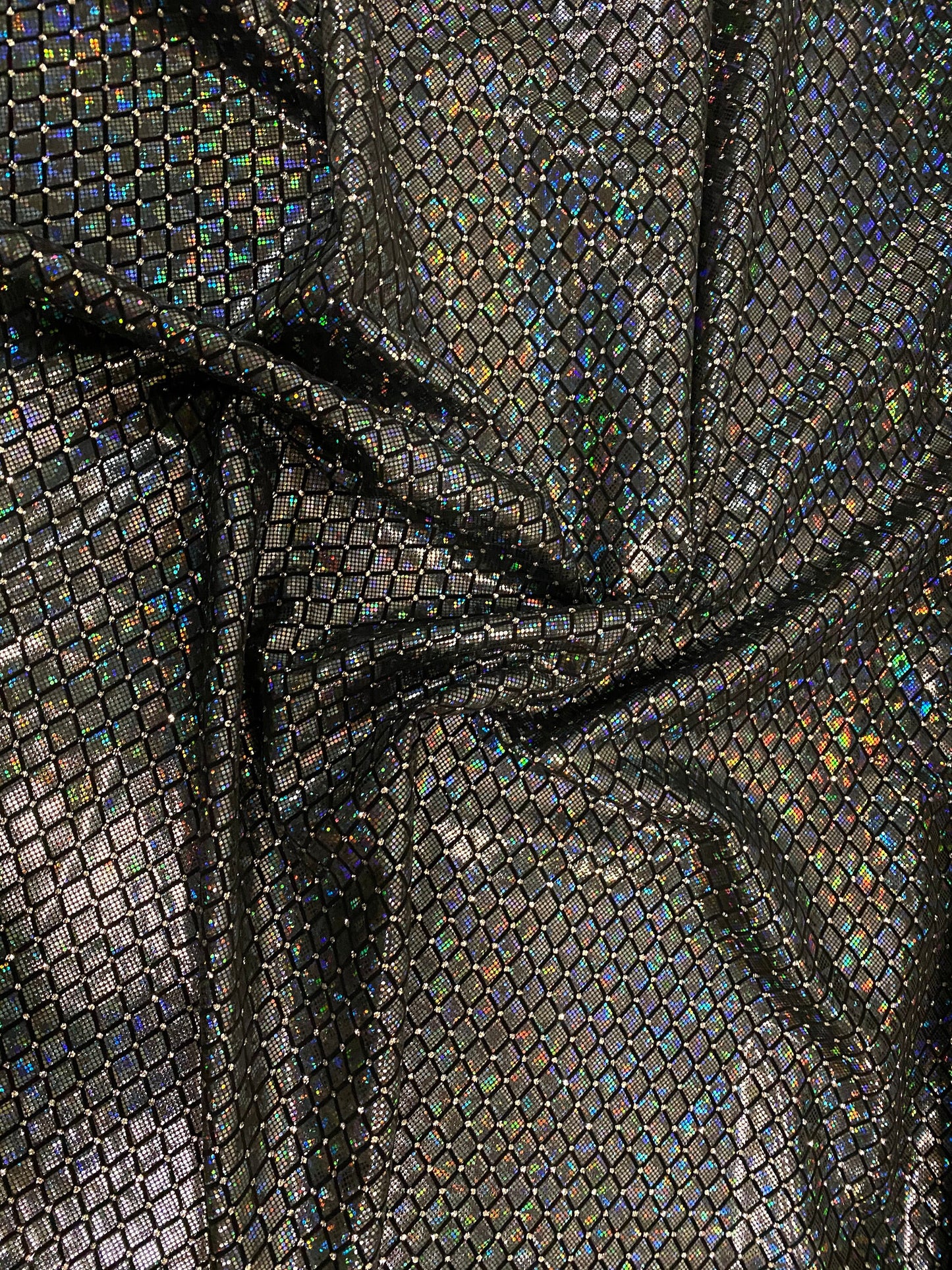 New Diamond design metallic nylon spandex shatter glass with flocking and glitter 4-way stretch 58/60” Sold by the YD. Ships from L.A CA.