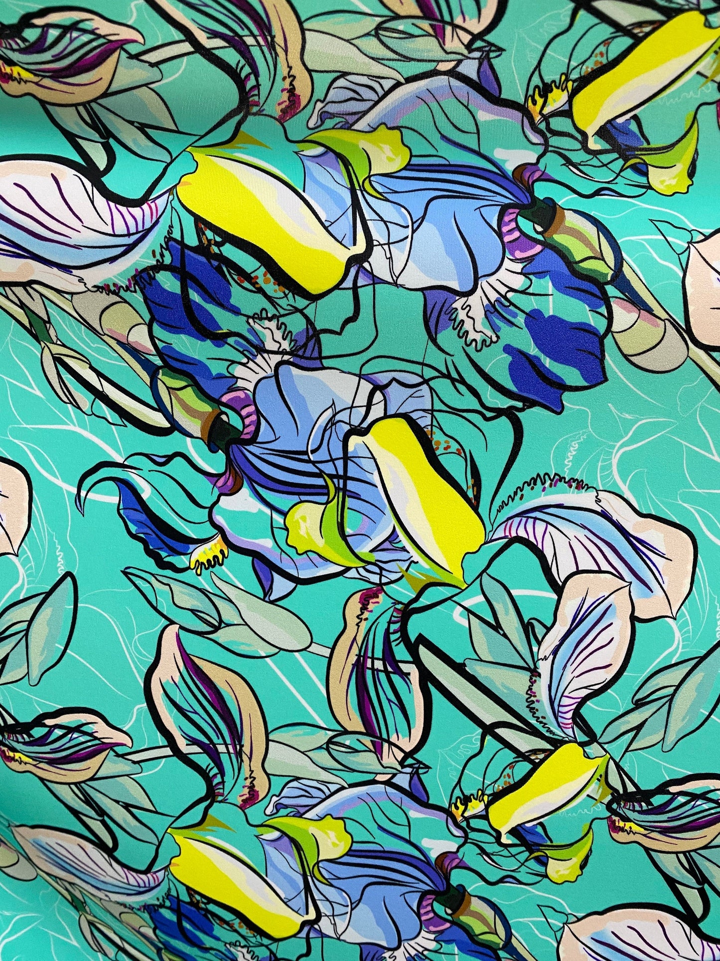 New leaves design print nylon spandex 4-way Tiffany multicolor 58/60” Sold by the YD. Ships worldwide from Los Angeles California USA.