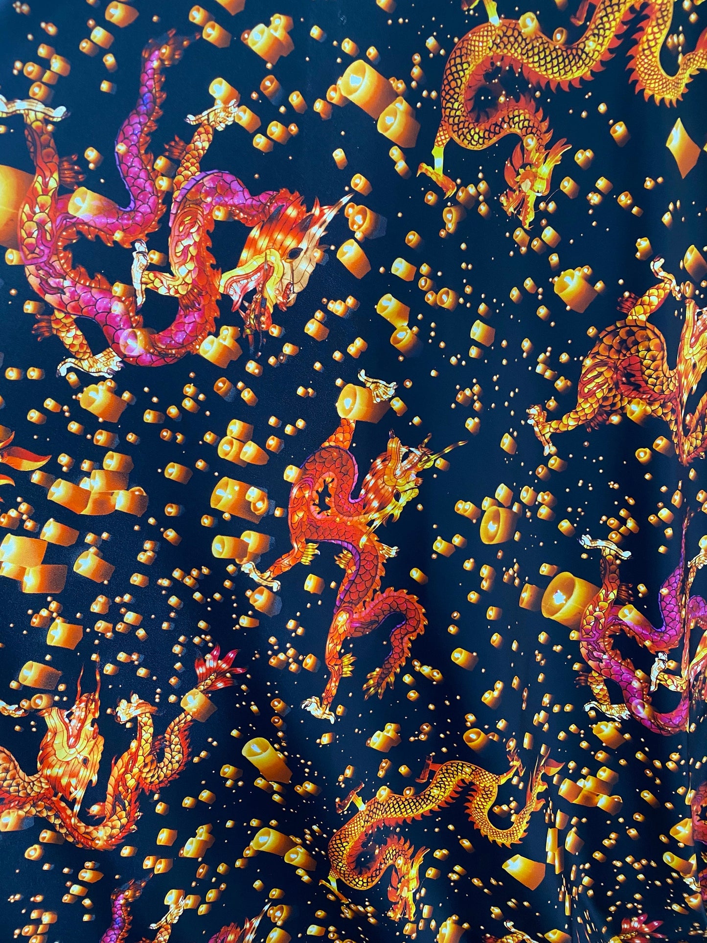 New Exotic Dragon design print on nylon spandex 4-way 58/60” Sold by the YD. Ships worldwide from Los Ángeles California USA.