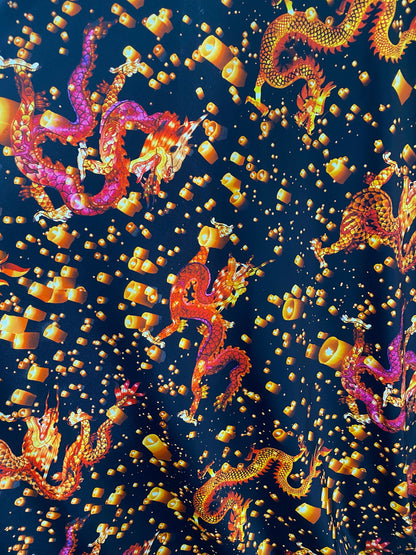 New Exotic Dragon design print on nylon spandex 4-way 58/60” Sold by the YD. Ships worldwide from Los Ángeles California USA.