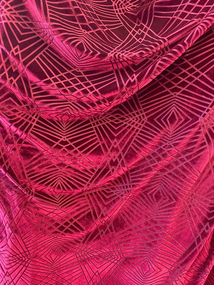 New burnout Geometric design magenta color 4-way stretch 58/60” Sold by the YD. Ships worldwide from Los Angeles California USA.