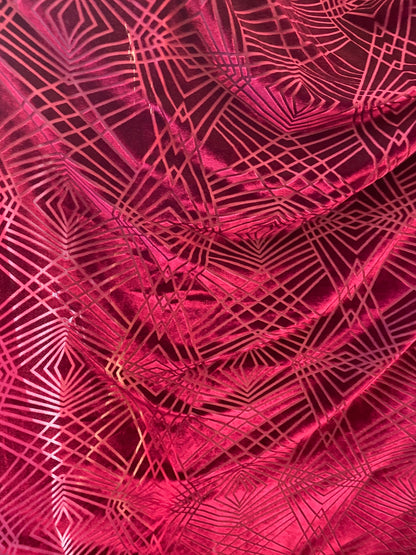 New burnout Geometric design magenta color 4-way stretch 58/60” Sold by the YD. Ships worldwide from Los Angeles California USA.